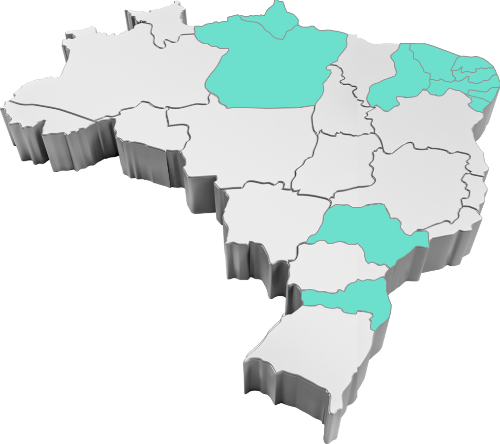 Mapa tridimensional original do Brasil com os estados da rede CARAPAÇA destacados